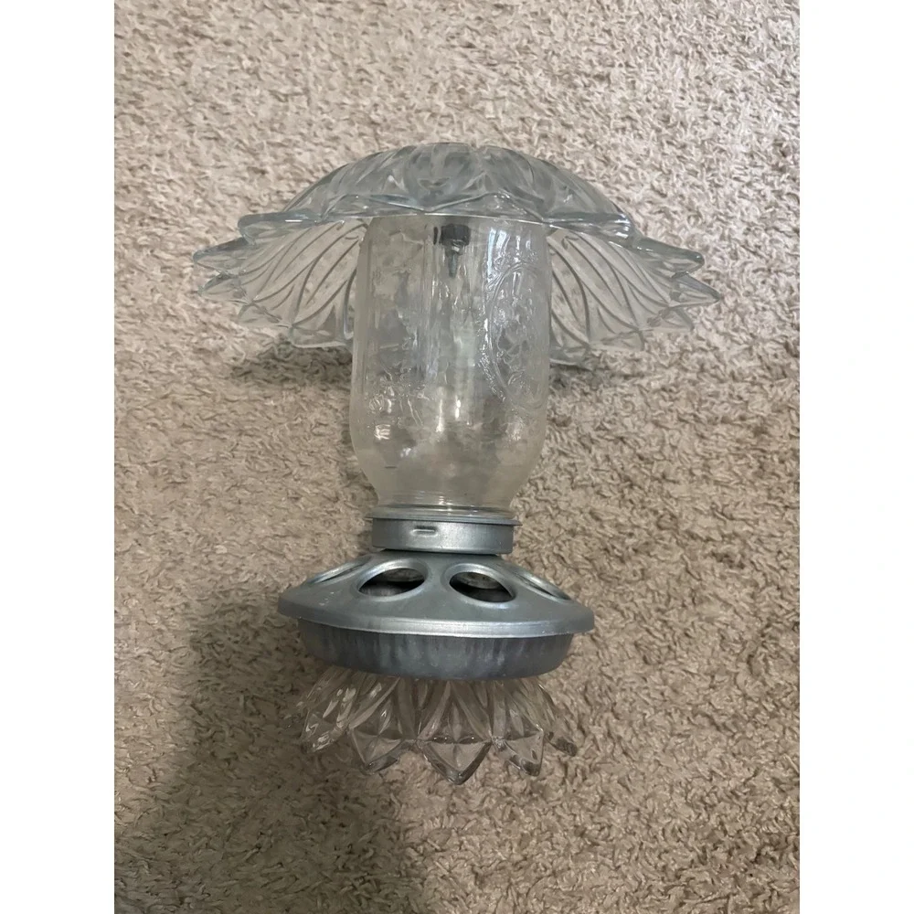 Vintage Mason Jar Glass Bird Feeder Hanging GardenDecor Clear PressedGlassFlower